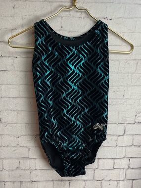 Alpha Factor size child’s large black and turquoise leotard